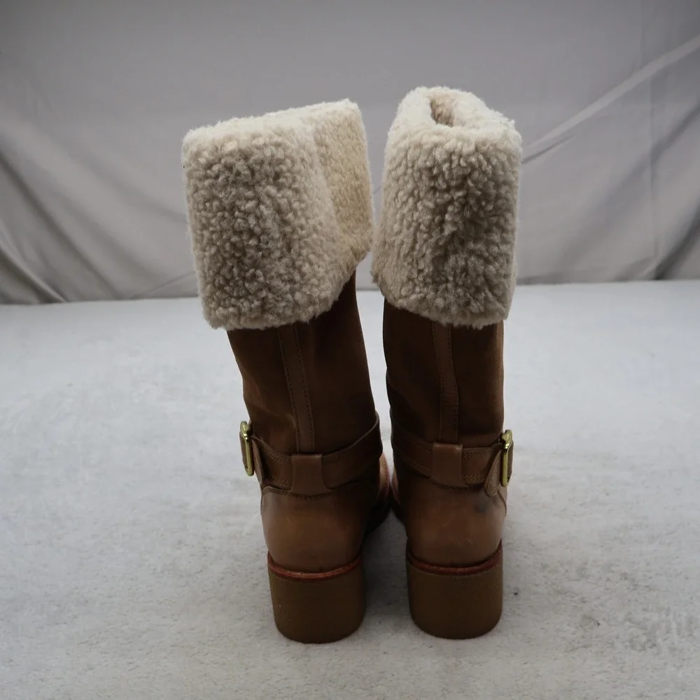 Coach Women 8.5B Boots Brown Parka Leather Shearling Buckle Designer Chic A01640